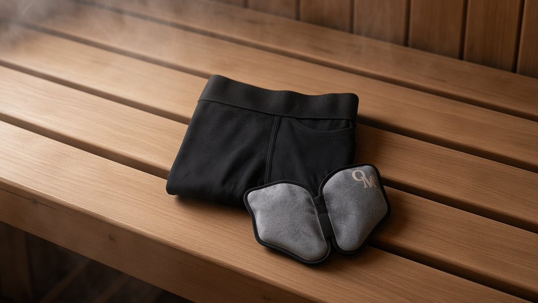 A folded Oakman boxer brief and cold pack resting on a cedar sauna bench, steam rising nearby.