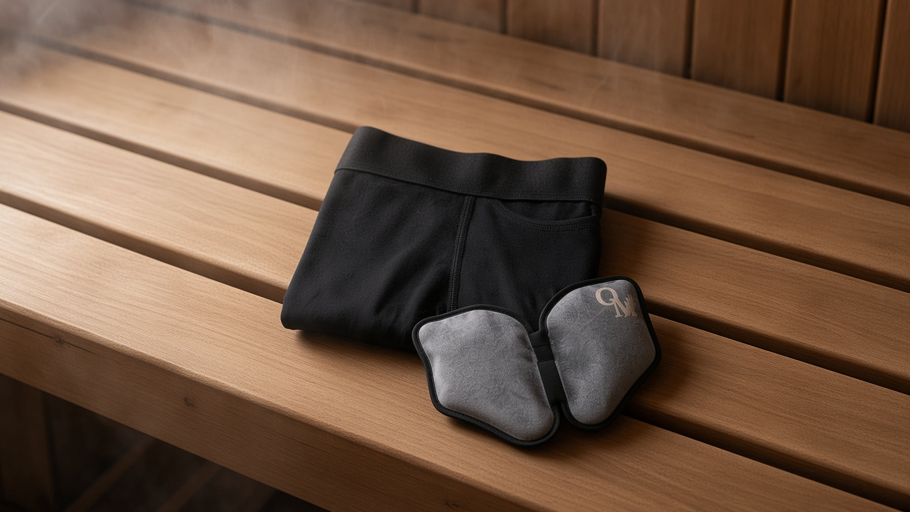 An Oakman boxer brief folded beside a gray cold pack on a sauna bench, steam drifting through the frame.