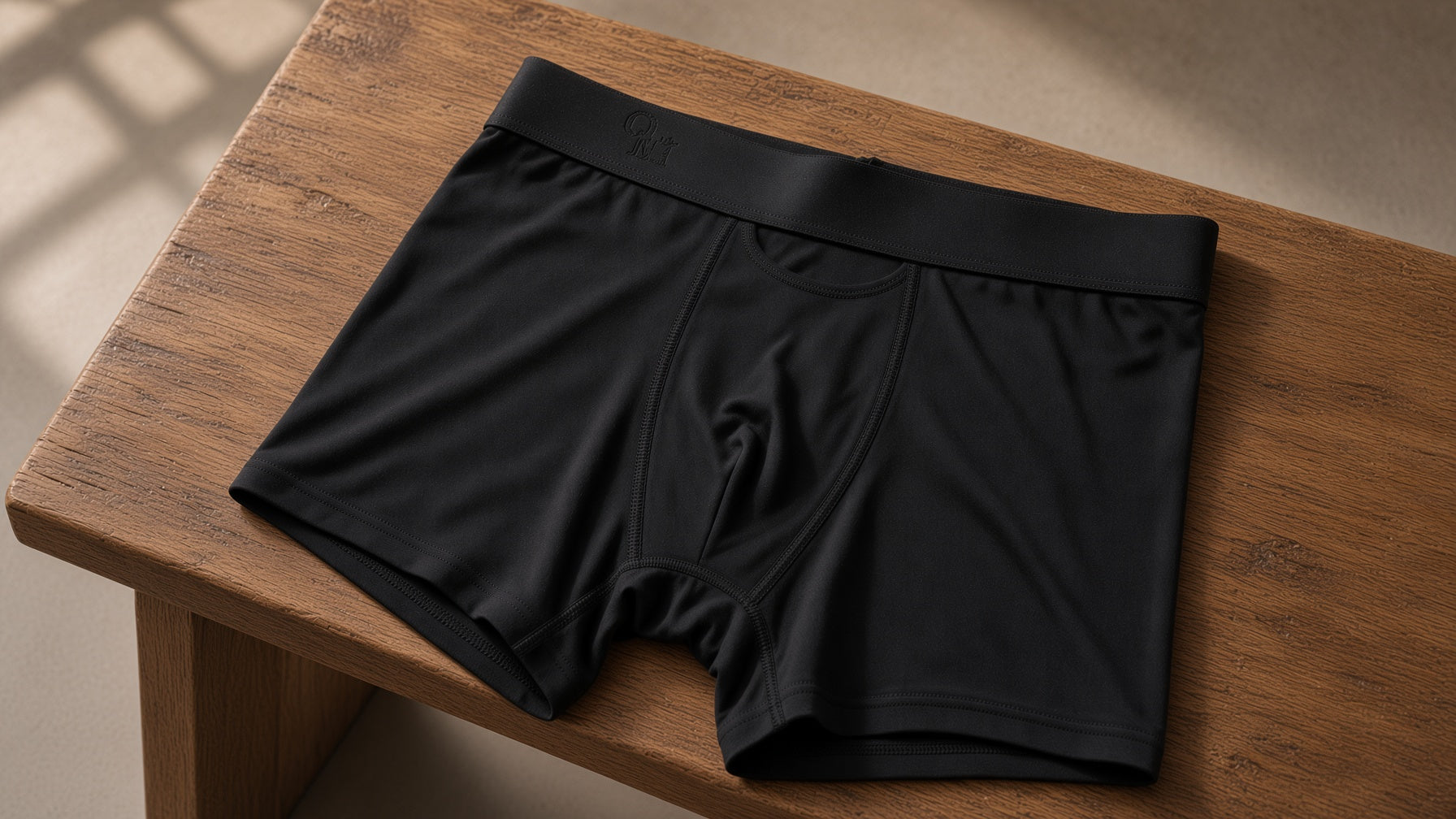An Oakman boxer brief laid flat on a wood bench, warm diagonal light through a window.