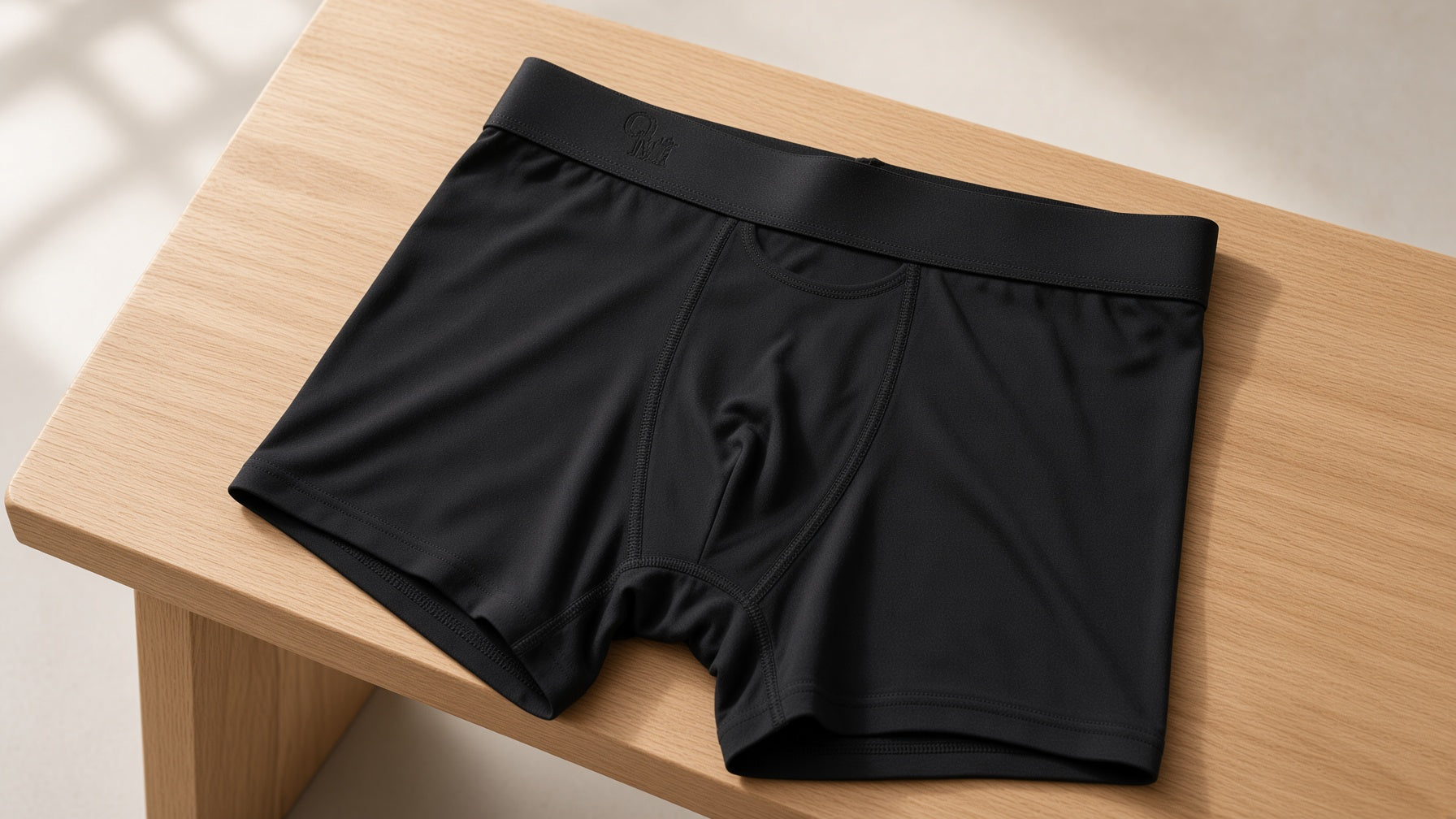A black Oakman boxer brief resting flat on a wood bench.