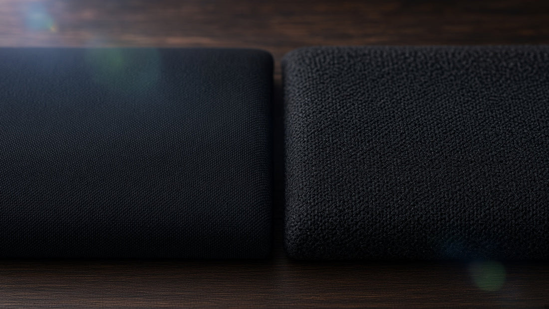 Two folded Oakman fabric swatches in warm low light, contrasting textures.