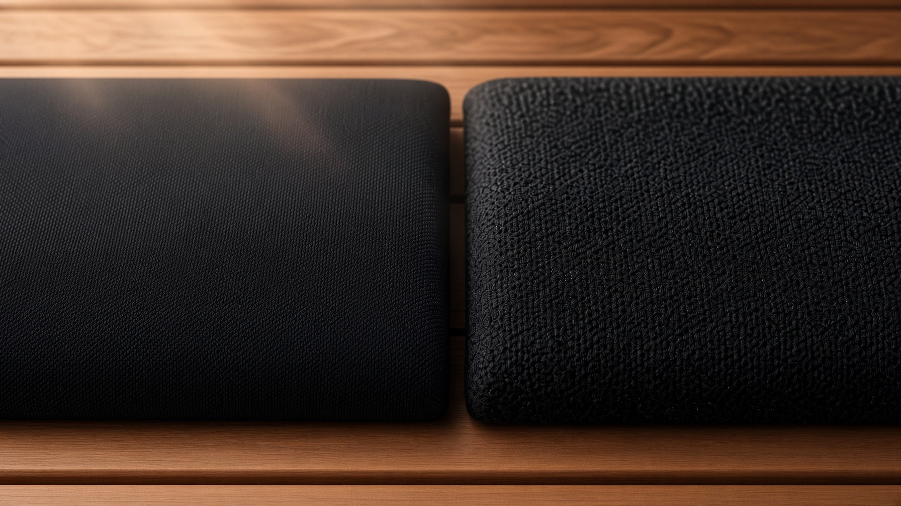 Two folded Oakman fabric swatches close together on a wood surface.