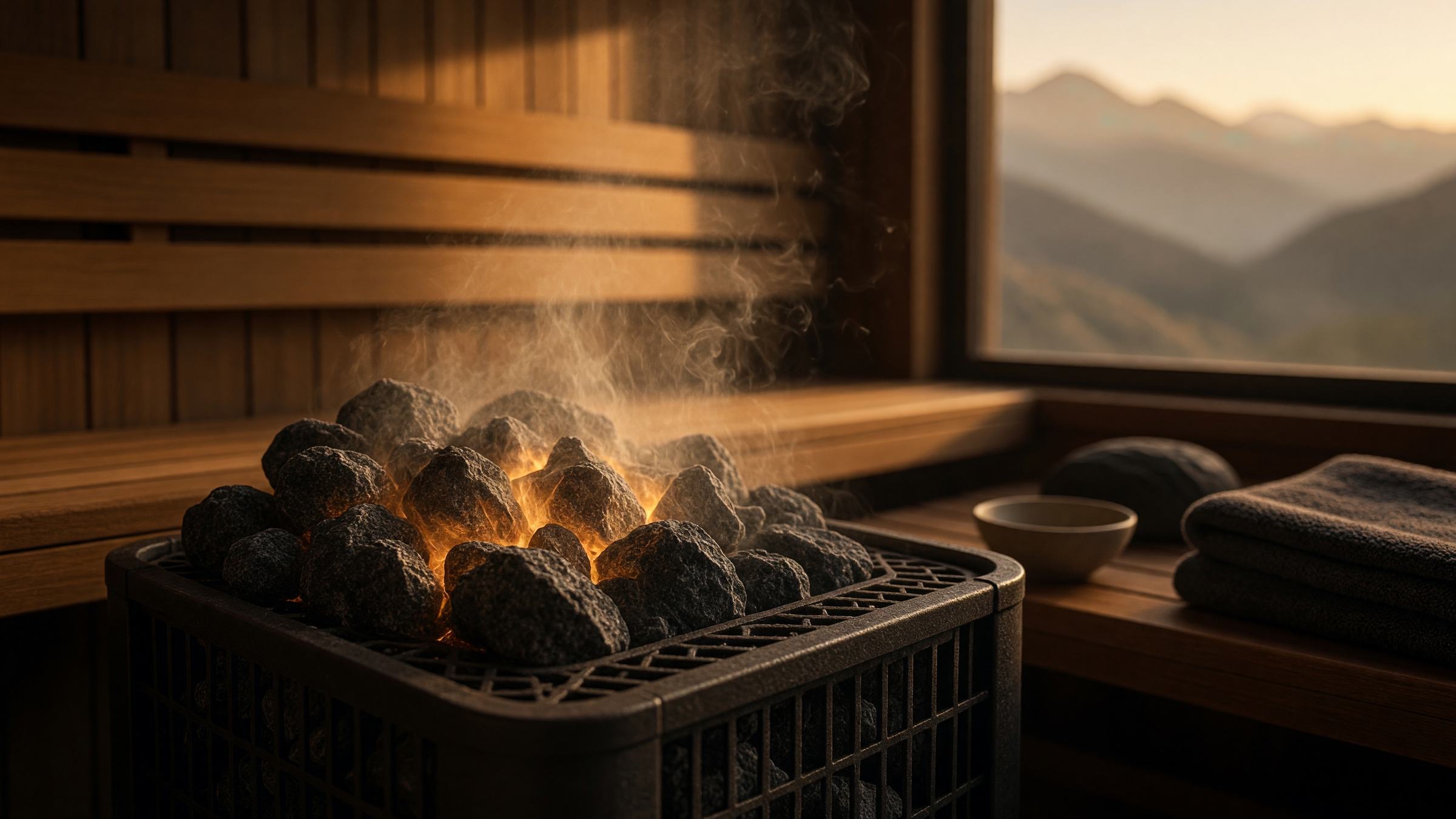A sauna stove's stone-filled crate glowing with heat.