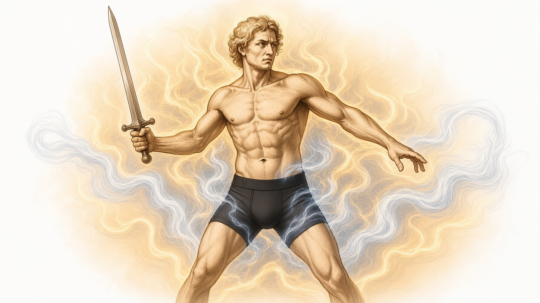 An illustrated figure in Oakman boxer briefs holding a sword, standing in a wide stance against a glowing background.