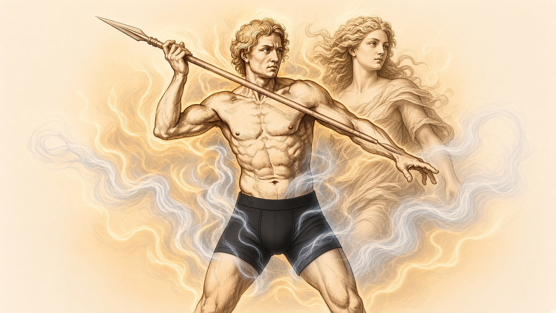 An illustrated figure in Oakman boxer briefs holding a spear, with a second illustrated figure in the background.