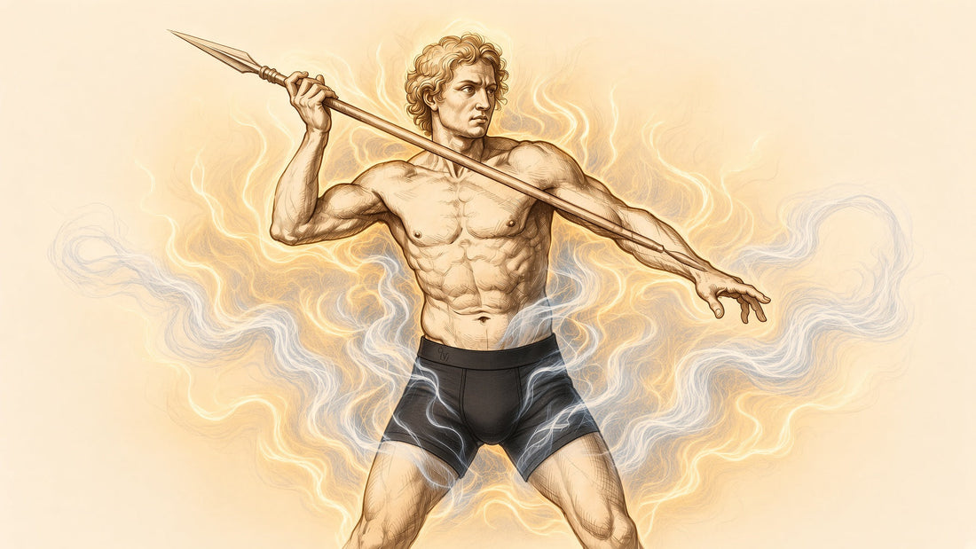 An illustrated figure wielding a spear, wearing Oakman boxer briefs, one arm extended forward.