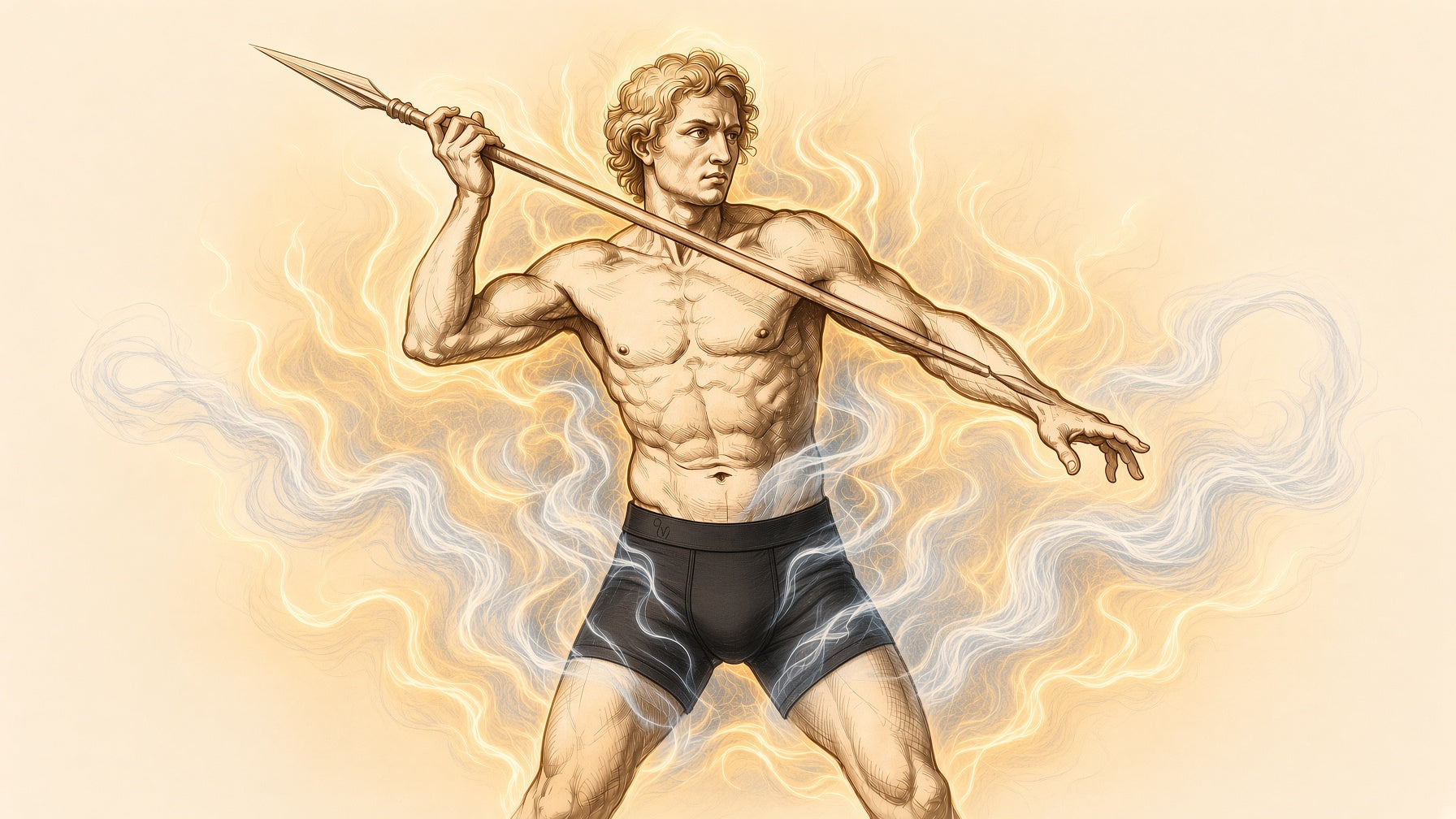 An illustrated figure wielding a spear, wearing Oakman boxer briefs, one arm extended forward.