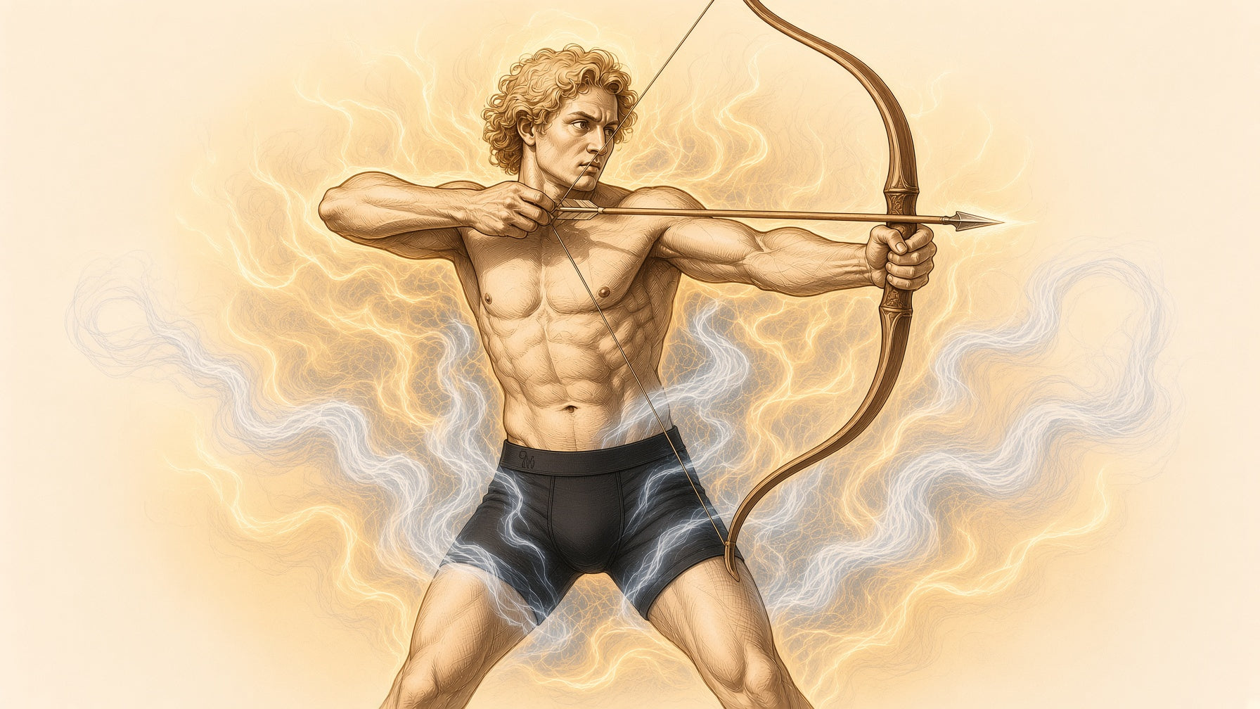 An illustrated figure in Oakman boxer briefs drawing a bow and arrow.