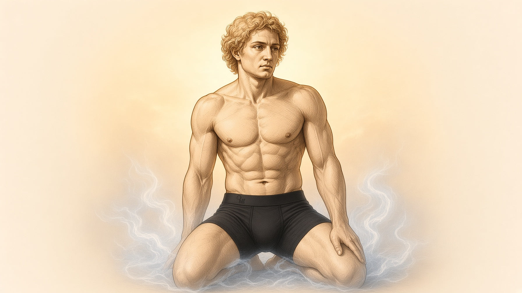 An illustrated kneeling figure in Oakman boxer briefs, one hand resting on the knee.