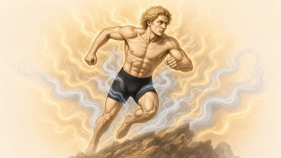 An illustrated figure in Oakman boxer briefs running across rocky terrain.