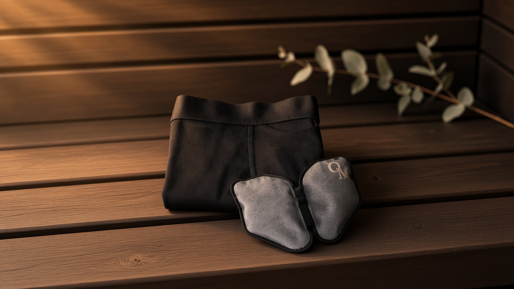 A folded Oakman boxer brief and cold pack in a medical-grade nylon shell on a cedar bench, a eucalyptus sprig behind it.