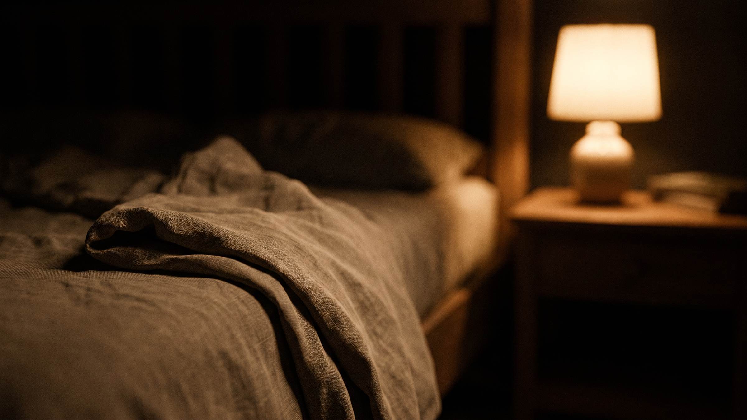 A made bed with a folded throw at the foot and a lit bedside lamp on a nightstand.