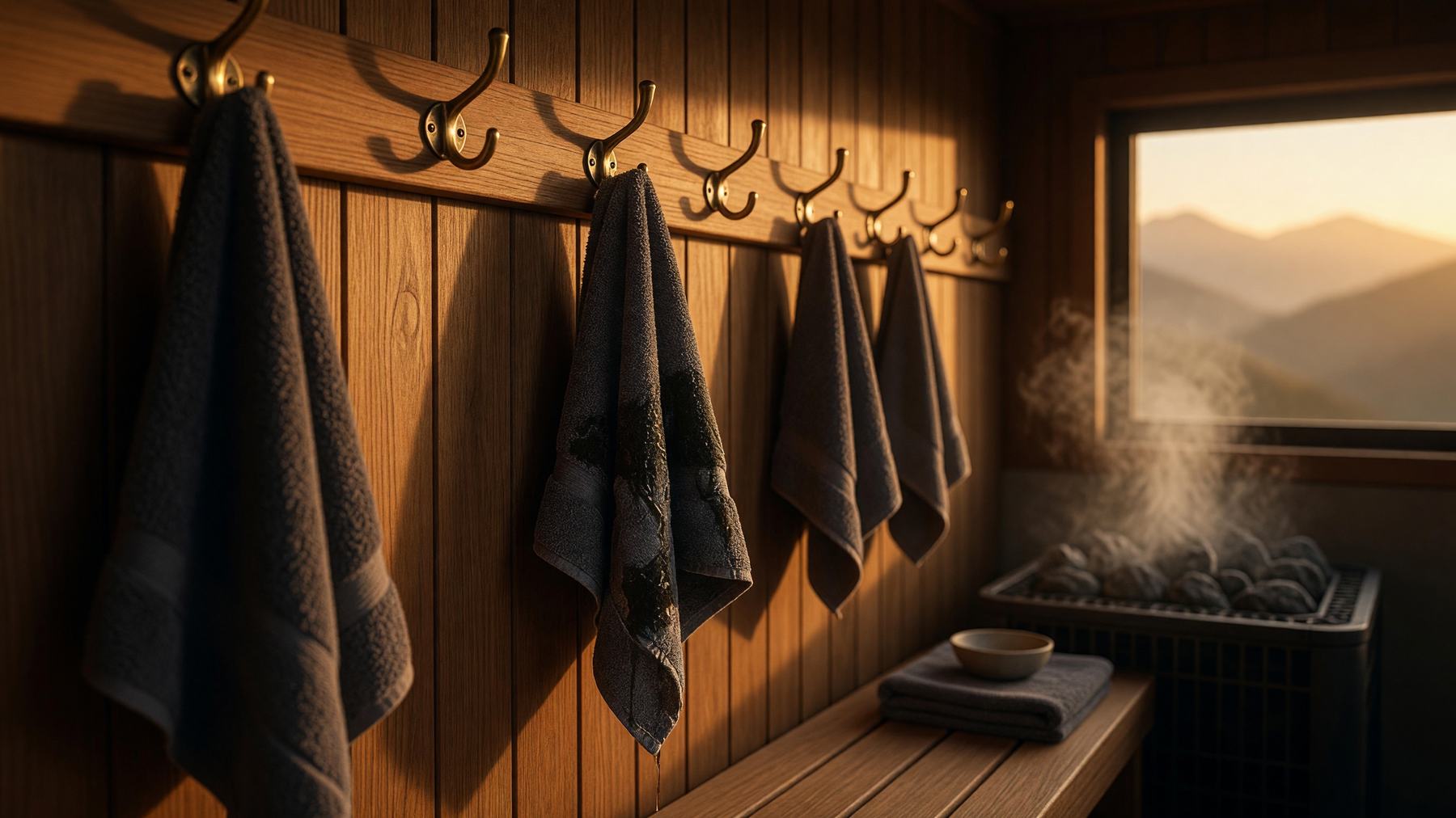 Towels hanging on wall hooks in a cedar sauna, warm light raking across.