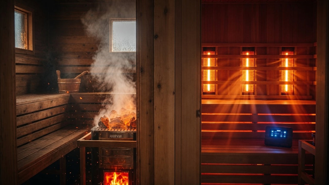 A split view of a traditional wood sauna beside an infrared cabin with glowing panels.