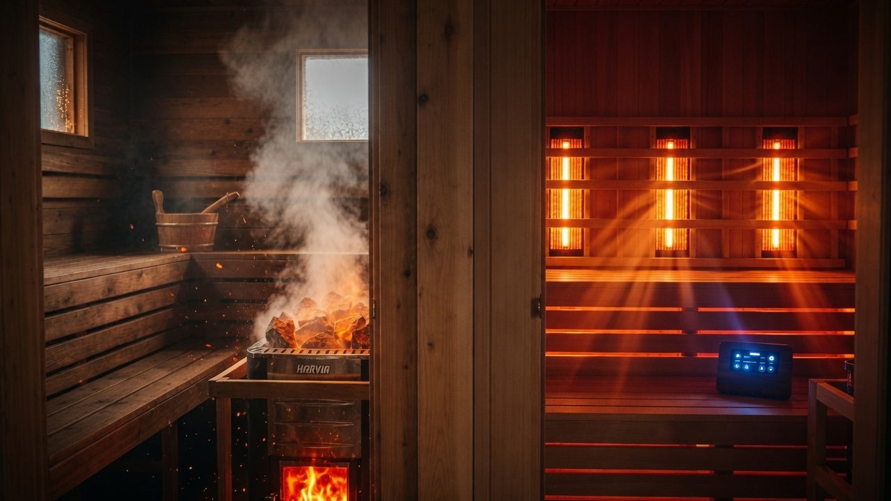 A split view of a traditional wood sauna beside an infrared cabin with glowing panels.