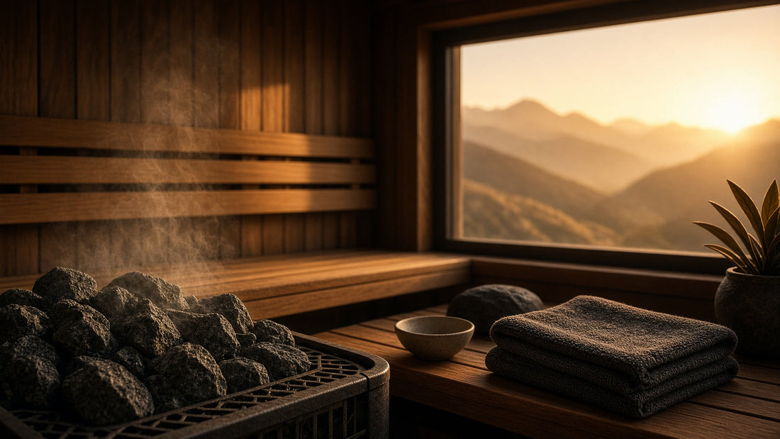 A sauna interior with a stone stove steaming, a window looking out over mountains, folded towels on the bench.