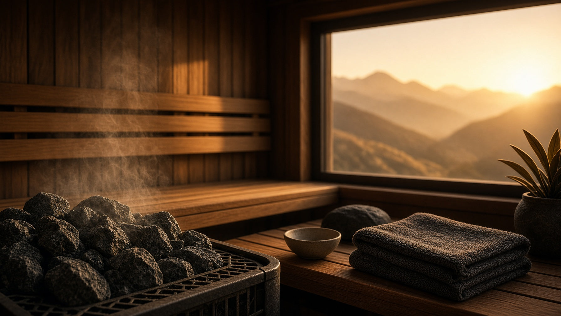 A sauna interior with a stone stove steaming, a window looking out over mountains, folded towels on the bench.