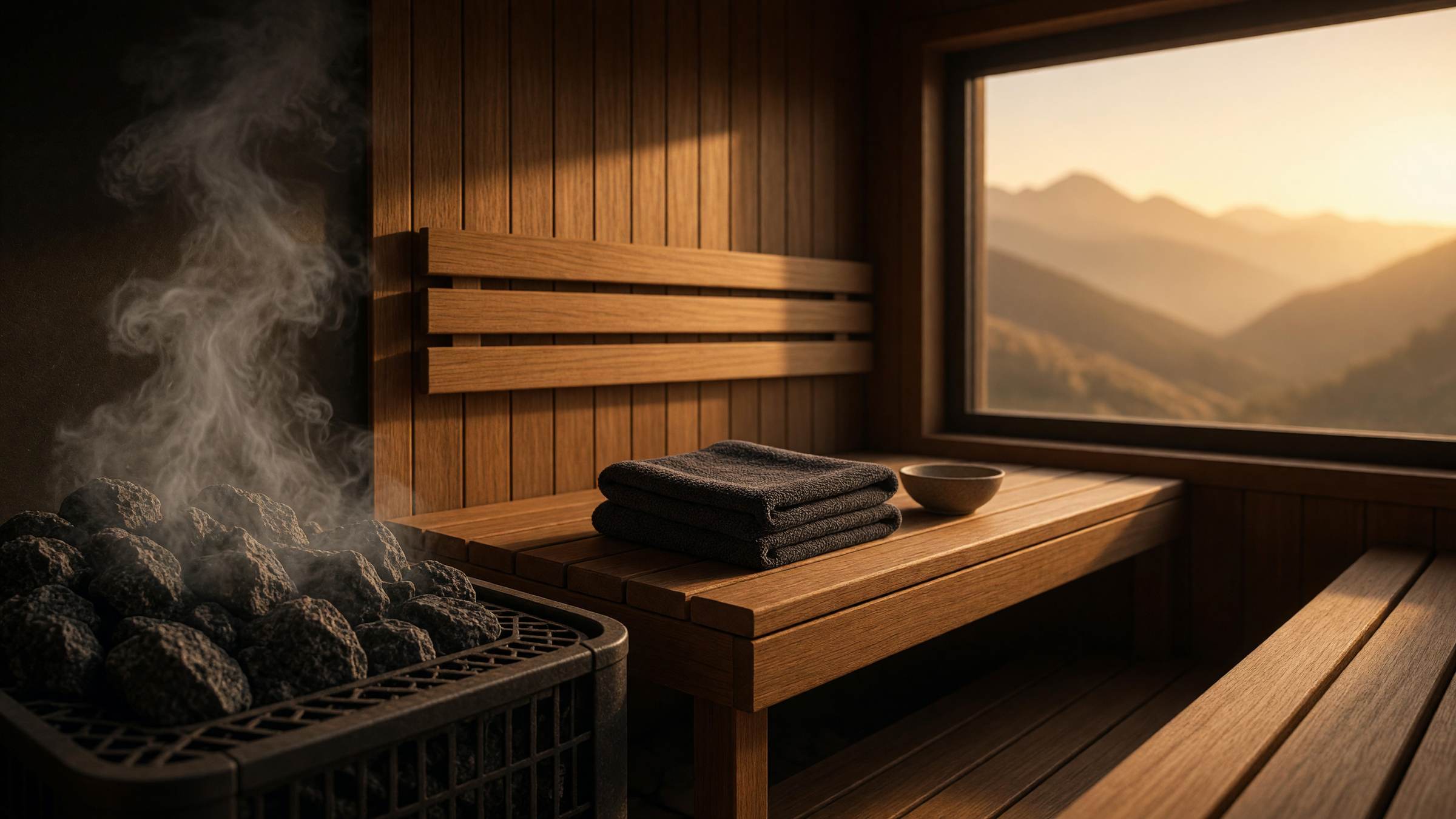 A wide view of a sauna stove steaming beside folded towels, a window glowing beyond.
